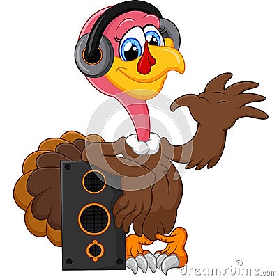 Cute turkey cartoon listen music Stock Photo