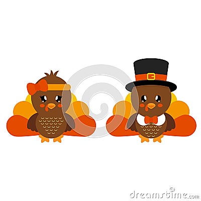 Cute turkey girl and boy Vector Illustration
