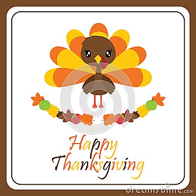 Cute turkey girl and maple leaves wreath cartoon illustration Vector Illustration