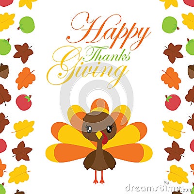 Cute turkey girl in the middle of maples leaves border vector cartoon illustration for thanksgiving`s day card design Vector Illustration