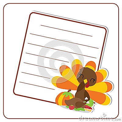 Cute turkey girl, pumpkin, roasted turkey and apple pie frame Vector Illustration