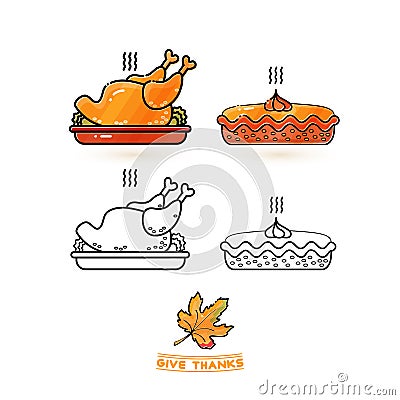 Cute turkey and pie. Thanksgiving icons set. Vector Illustration