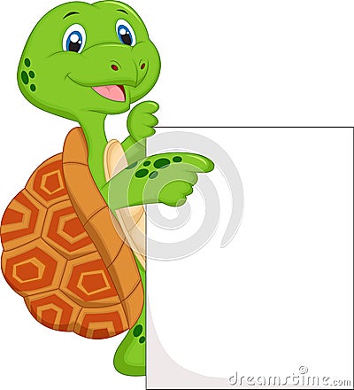 Cute turtle cartoon with blank sign Vector Illustration