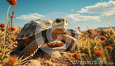 Cute turtle crawling in grass, slow and small generated by AI Stock Photo
