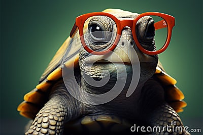 Cute turtle dons glasses, red wallpaper backdrop a smart, funny genius Stock Photo