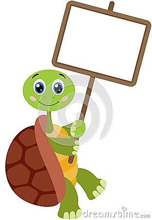 Cute turtle with empty signboard Vector Illustration