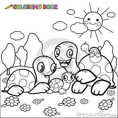 Cute turtles in the garden. Vector black and white coloring page. Vector Illustration