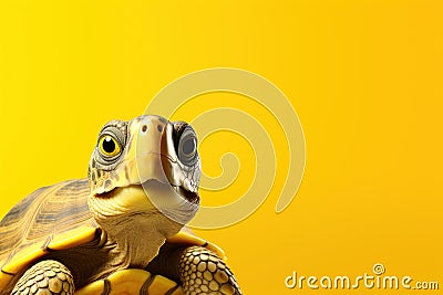 Cute turtle portrait with a vivid yellow background, perfect for wildlife conservation messages, educational content, or Stock Photo