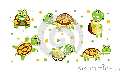 Cute Turtle with Shell and Short Feet in Different Poses Vector Set Vector Illustration