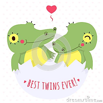 Cute twins baby crocodile in egg vector card and background with heart Vector Illustration