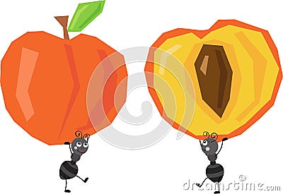 Cute two ants carrying a funny peaches Vector Illustration
