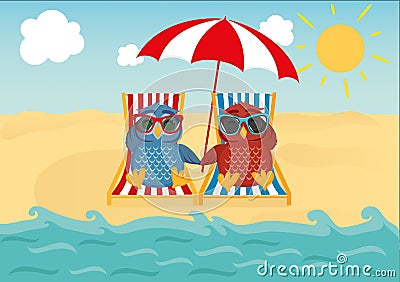 Cute two owls with sunglasses on vacation lying down on the beach Cartoon Illustration