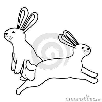 Cute two rabbits animals cartoons in black and white Vector Illustration