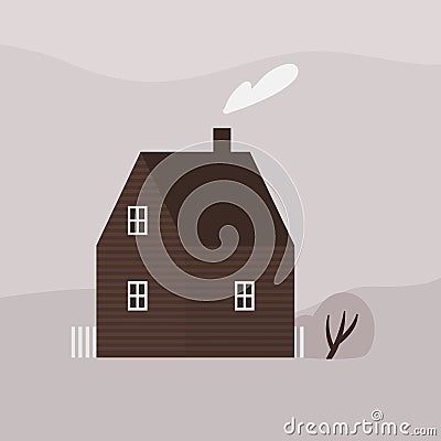 Cute two-storey living house or cottage of modern sustainable architecture. Facade of wooden ecological suburban Scandic Vector Illustration