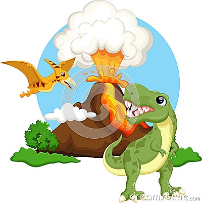 Cute tyrannosaurus and pterodactyl cartoon with volcano background Stock Photo
