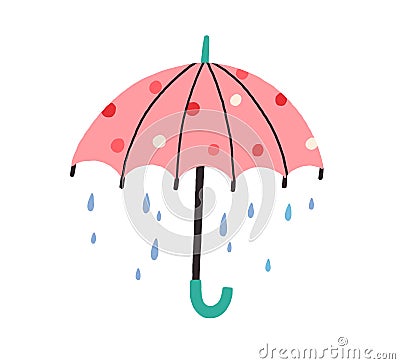 Cute umbrella with falling rain drops in doodle style. Kids colored flat vector illustration with raindrops isolated on Vector Illustration