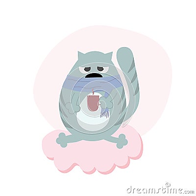 Cute unhappy frozen gray cat in a scarf with a mug of tea. Baby shower. Postcard for the frame in the nursery Vector Illustration