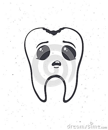 Cute unhealthy human tooth with sad eyes and caries. Outline. Vector illustration. Dental decay. Symbol of somatology Vector Illustration