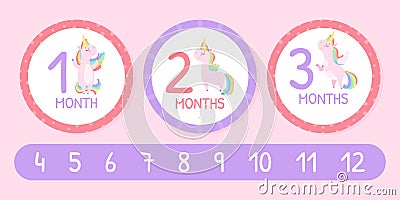 Cute Unicorn Baby Month Card with Pretty Pony with Rainbow Mane Vector Template Vector Illustration