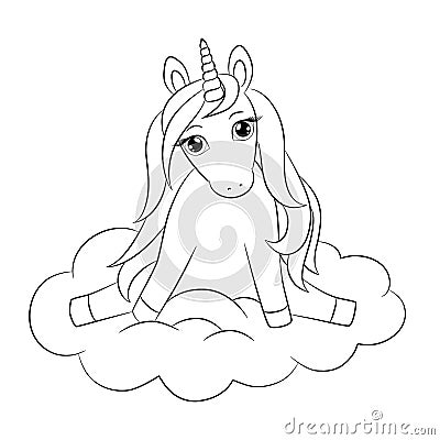 Cute unicorn baby, sitting on cloud, outline drawing. Cartoon Illustration