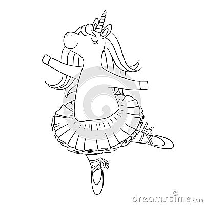 Cute unicorn ballerina dancing, outline drawing. Cartoon Illustration