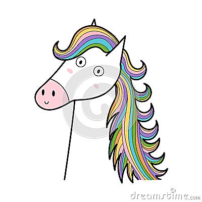 Cute unicorn with beautiful rainbow mane print for kids. Funny magic animal Vector Illustration