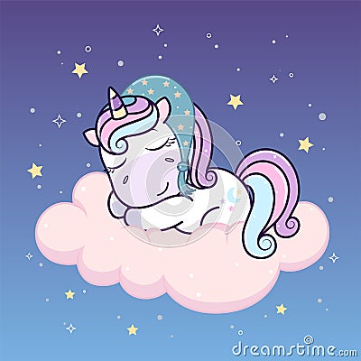 Cute unicorn in bed cap sleeping on cloud amongst stars. Vector Illustration