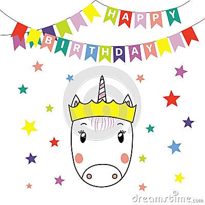 Cute unicorn in birthday crown Vector Illustration