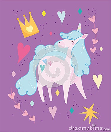 Cute unicorn blue mane crowns hearts magic fantasy cartoon Vector Illustration