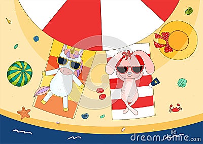 Cute unicorn and bunny on the beach Vector Illustration