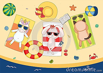 Cute unicorn, bunny and cat on the beach Vector Illustration