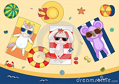 Cute unicorn, bunny and koala on the beach Vector Illustration