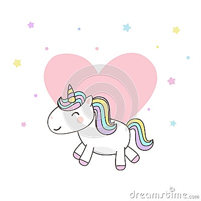 Cute Unicorn Cartoon Character s with pastel rainbow . Kawaii Filly Unicorn, Fairytale pony isolated on white background Vector Illustration