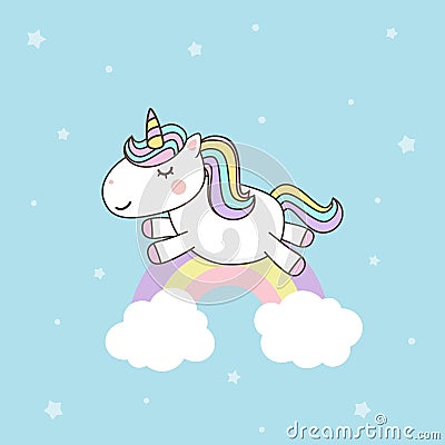 Cute Unicorn Cartoon Character s with pastel rainbow . Kawaii Filly Unicorn, Fairytale pony isolated on white background Vector Illustration