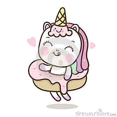 Cute Unicorn cartoon with icecream vector and cupcake for happy birthday pastel color Vector Illustration