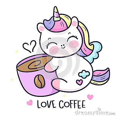 Cute Unicorn cartoon Pegasus Pony hug coffee cup Good morning Vector Illustration