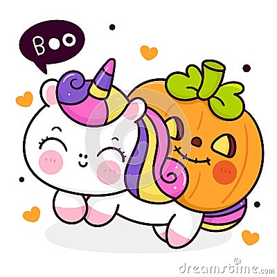Cute unicorn cartoon with Pumpkin Halloween baby trick or treat kids kawaii Cartoon Illustration