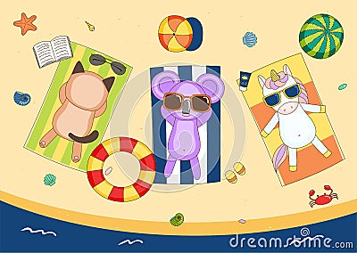 Cute unicorn, cat and koala on the beach Vector Illustration