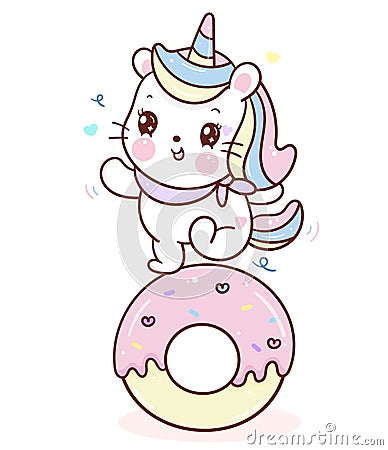 Cute Unicorn cat vector dance on cupcake donut cartoon sweet dessert pastel color, Series Girly doodles Kawaii animal illustration Vector Illustration