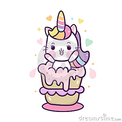 Cute Unicorn cat vector, Pony cartoon kitty party Kawaii food cupcake fairy Happy birthday. Flat style illustration. Vector Illustration