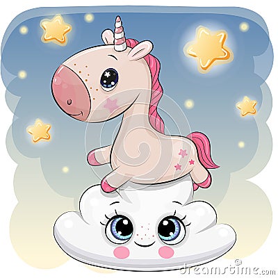 Cute Unicorn a on the Cloud Vector Illustration