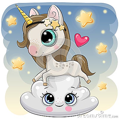 Cute Unicorn a on the Cloud Vector Illustration