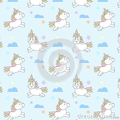 Cute unicorn and cloud seamless pattern on blue background Vector Illustration