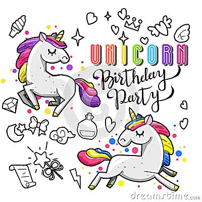 Cute unicorn collection with magic items, rainbow, fairy wings, crystals, clouds, potion. Hand drawn line style. Vector Illustration