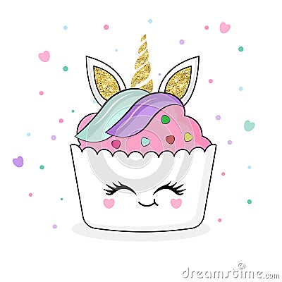 Cute Unicorn Cupcake Vector Illustration