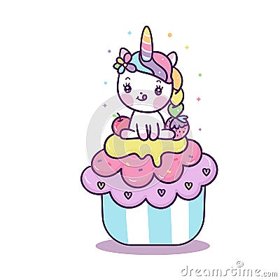 Cute Unicorn cupcake vector, Pony cartoon Kawaii cupcakes: Fabulous fashion fairytale horse party invite Vector Illustration