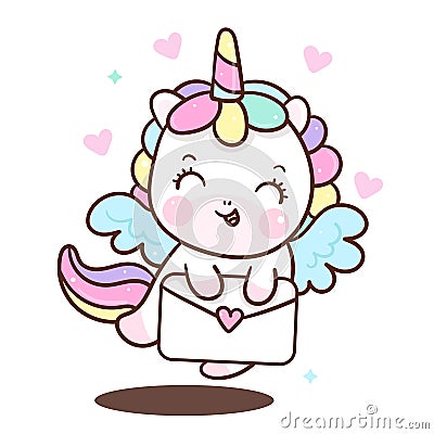 Cute Unicorn Cupid vector holding letter. Illustration of a Valentines Day Vector Illustration