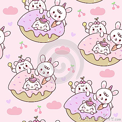 Cute unicorn donut vector and friend rabbit cartoon bear Seamless pattern: Series Kawaii food Girly doodlesFairytale animal Vector Illustration