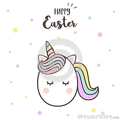 Cute unicorn Easter egg Cartoon Character vectors with pastel rainbow. Kawaii Filly Unicorn, Fairytale pony isolated on white Vector Illustration