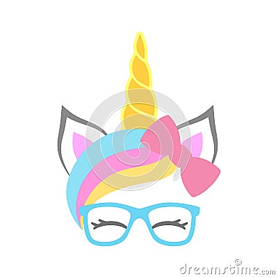 Cute unicorn face with bow and sunglasses. Unicorn head. Vector Vector Illustration